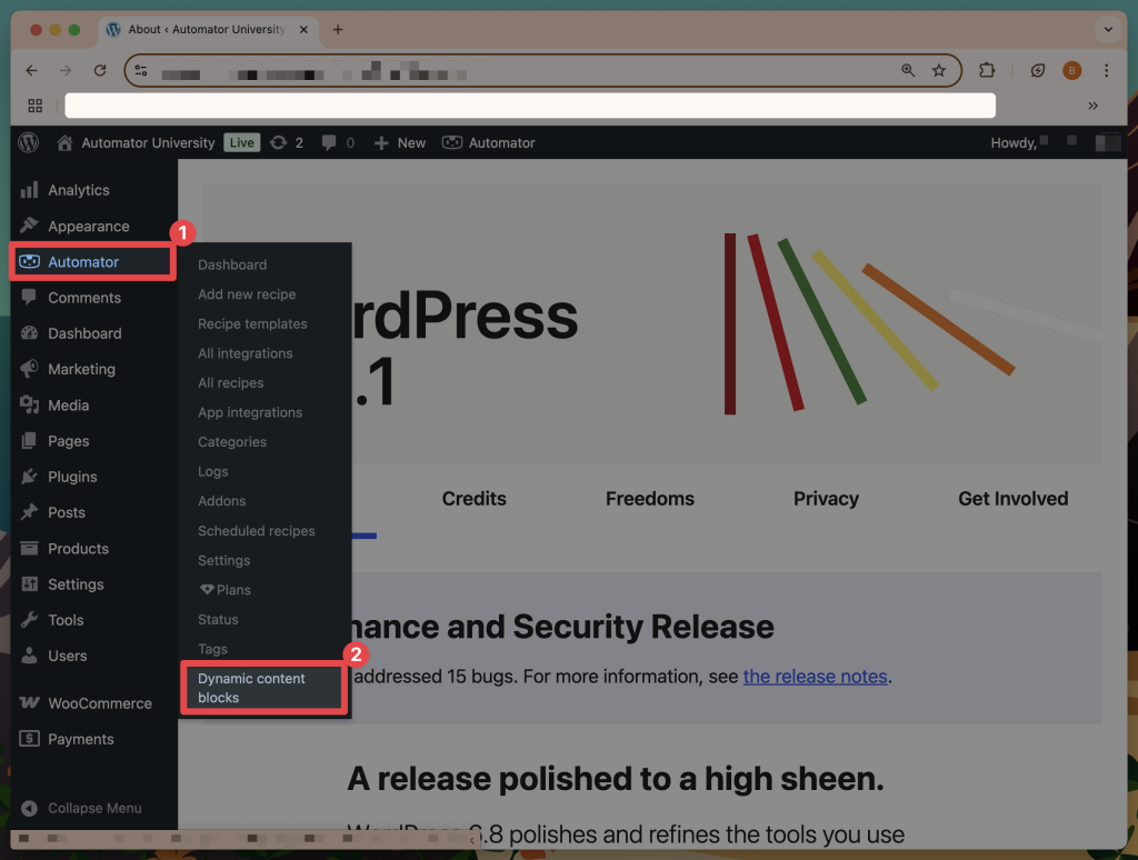 WordPress admin dashboard showing how to access dynamic content for WordPress using the Uncanny Automator plugin. The Automator menu is expanded, and the “Dynamic content blocks” option is highlighted, guiding users to manage personalized content elements.
