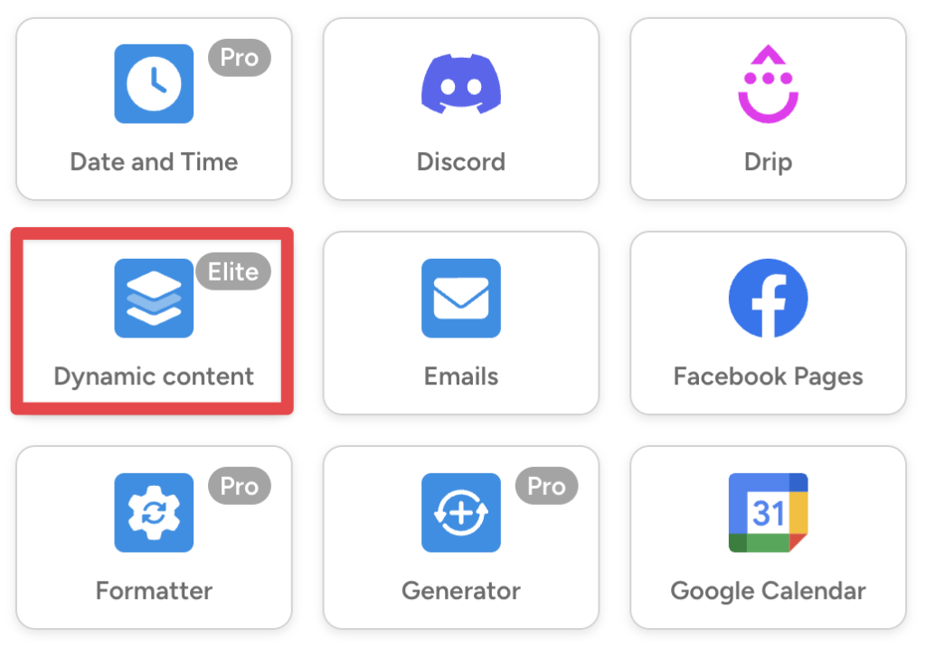 Automator integration grid. The user has selected the “Dynamic content” integration, illustrated by creating a red outline around it.