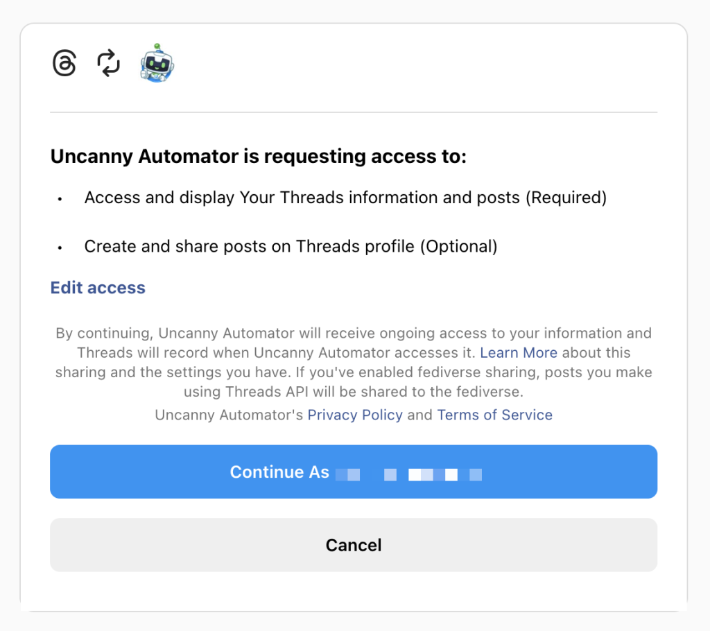 Authorization prompt for connecting Uncanny Automator to Threads, requesting permission to access and display Threads data and optionally post on the user's profile.