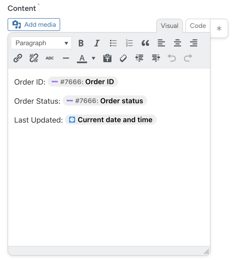 Automator tokens for “Order ID”, “Order status” and “Current date and time” within the editor for a dynamic content block for WordPress to create an order status update feed.