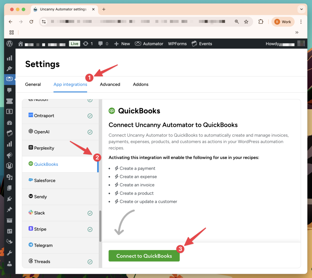 Uncanny Automator settings page showing QuickBooks integration setup with numbered arrows pointing to App integrations tab, QuickBooks option, and Connect to QuickBooks button.