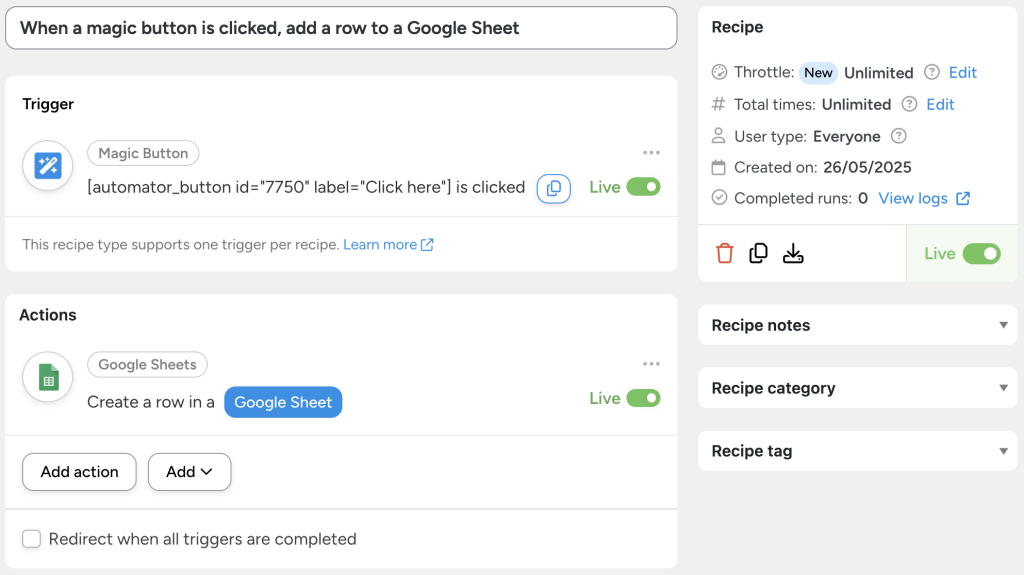 automator-recipe-anonymous-shoppers-magic-button-click Uncanny Automator recipe that logs button clicks to a Google Sheet—capturing IP address, timestamp, and more. Ideal for tracking anonymous shoppers without requiring logins.