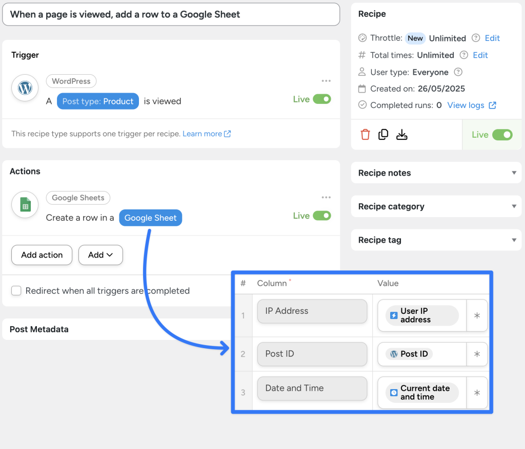 automator-recipe-anonymous-shoppers-product-views Uncanny Automator recipe that logs page views to a Google Sheet when a WooCommerce product page is viewed—capturing IP address, post ID, and timestamp. Ideal for tracking anonymous shoppers without requiring logins.