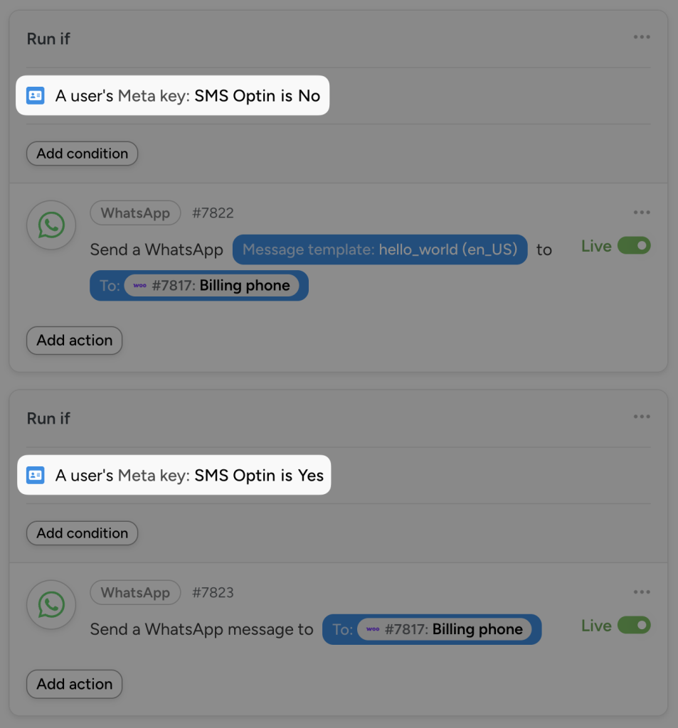 Conditional logic setup in Uncanny Automator for sending WhatsApp messages based on a user's SMS Opt-in status. If the user's meta key "SMS Opt-in" is set to "Yes," a custom WhatsApp message is sent to their WooCommerce billing phone. If the value is "No," a default template message is sent instead.