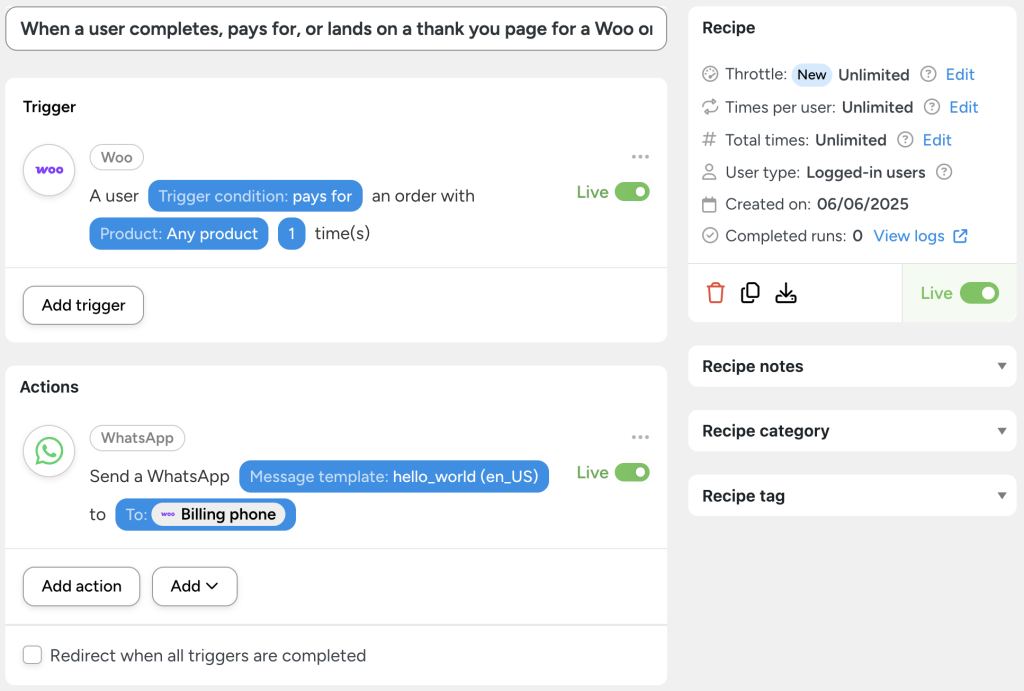 Uncanny Automator recipe showing a WooCommerce WhatsApp integration setup where a user receives a WhatsApp message after paying for any Woo product using phone data from the checkout form.