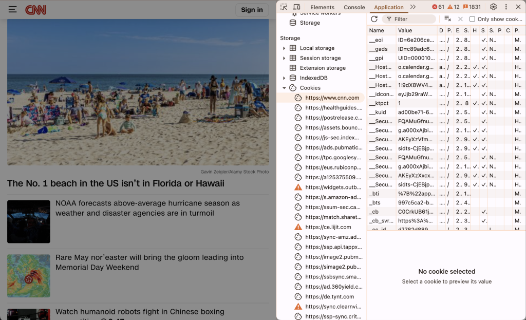 cookies-on-cnn CNN webpage alongside the browser’s developer tools, specifically the Application tab showing cookie data. This setup highlights how websites collect tracking information—key to identifying anonymous shoppers through cookies and behavioral data.