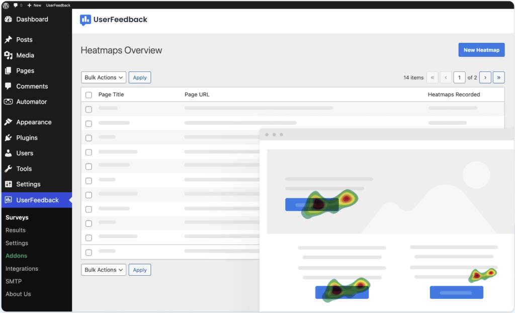 userfeedback-heatmap WordPress dashboard showing the UserFeedback plugin’s Heatmaps Overview screen, listing page titles, URLs, and the number of heatmaps recorded. A visual heatmap preview is overlaid, highlighting user interaction areas on a sample web page.
