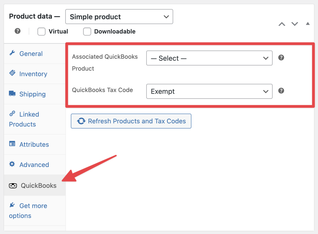 WordPress product data form showing QuickBooks integration settings with dropdown lists for Associated QuickBooks Product and Tax Code.