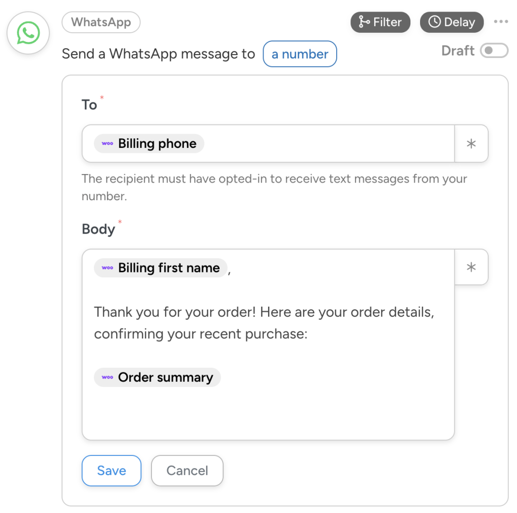 WhatsApp message configuration screen in Uncanny Automator showing a personalized order confirmation for WooCommerce.