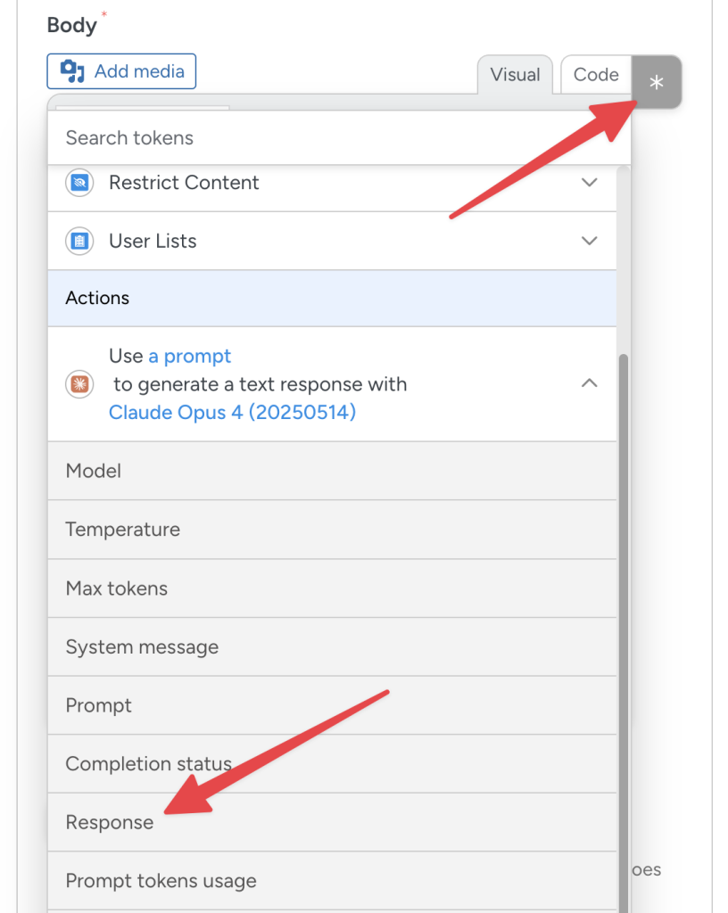 Automator token selector for Anthropic WordPress integration, with red arrows pointing to an asterisk and the “Response” token.