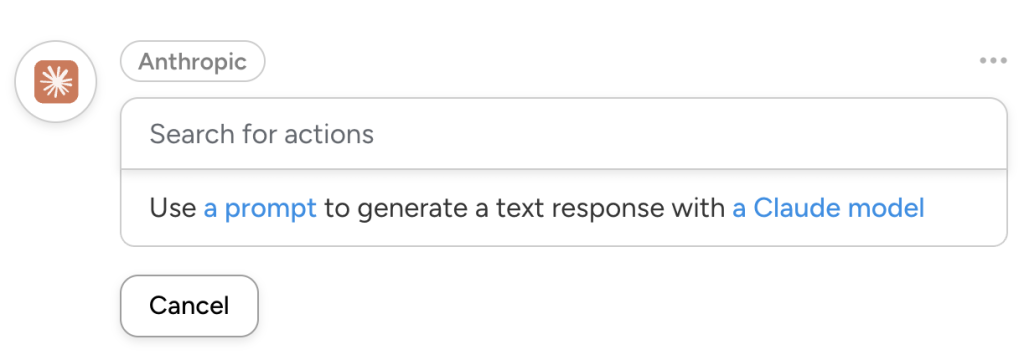 Uncanny Automator action dropdown list for Anthropic WordPress integration, showing the action “Use a prompt to generate a text response with a Claude model”.