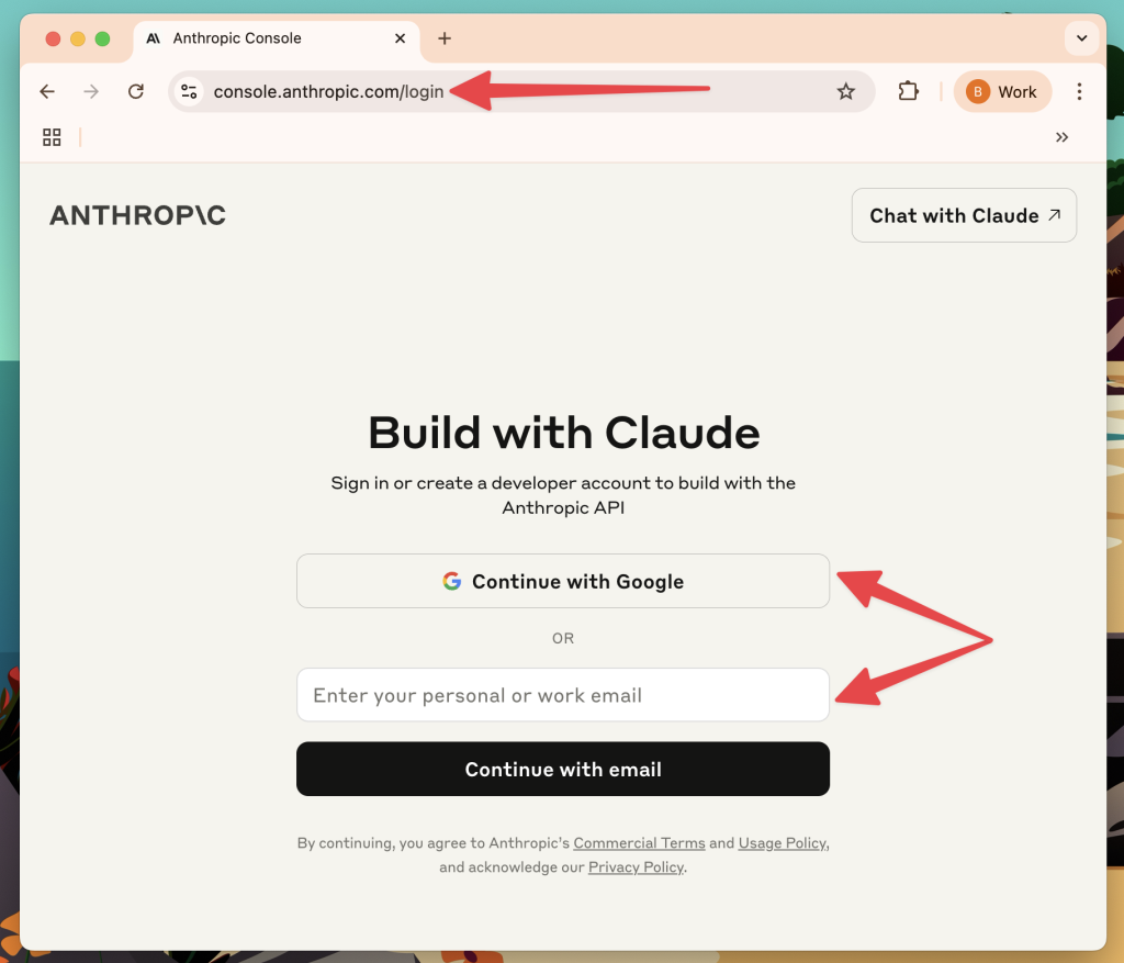 Anthropic Console login page with red arrows pointing to the URL bar showing "console.anthropic.com/login" and to the login options: “Continue with Google” and the email input field.