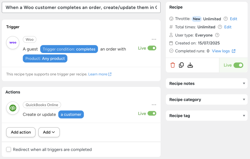 Uncanny Automator recipe showing how to automatically create or update a customer in QuickBooks Online when a WooCommerce guest completes an order.