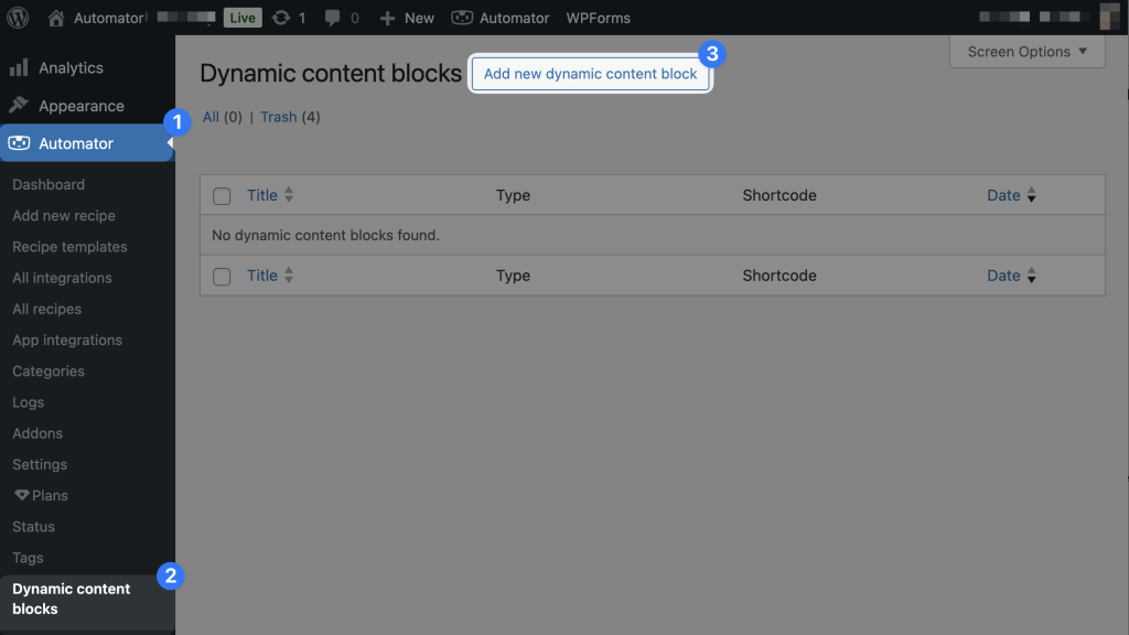 automator-add-new-dynamic block WordPress admin dashboard showing Uncanny Automator's Dynamic content blocks interface for managing dynamic content in WordPress, with an empty content blocks table and highlighted "Add new dynamic content block" button.