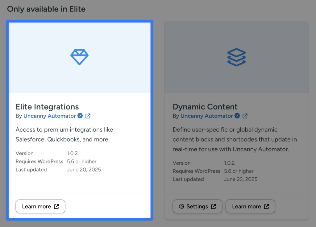 Two Uncanny Automator cards: "Elite Integrations" with premium integrations like Salesforce and QuickBooks, and "Dynamic Content" plugin. The “Elite Integrations” card is highlighted.