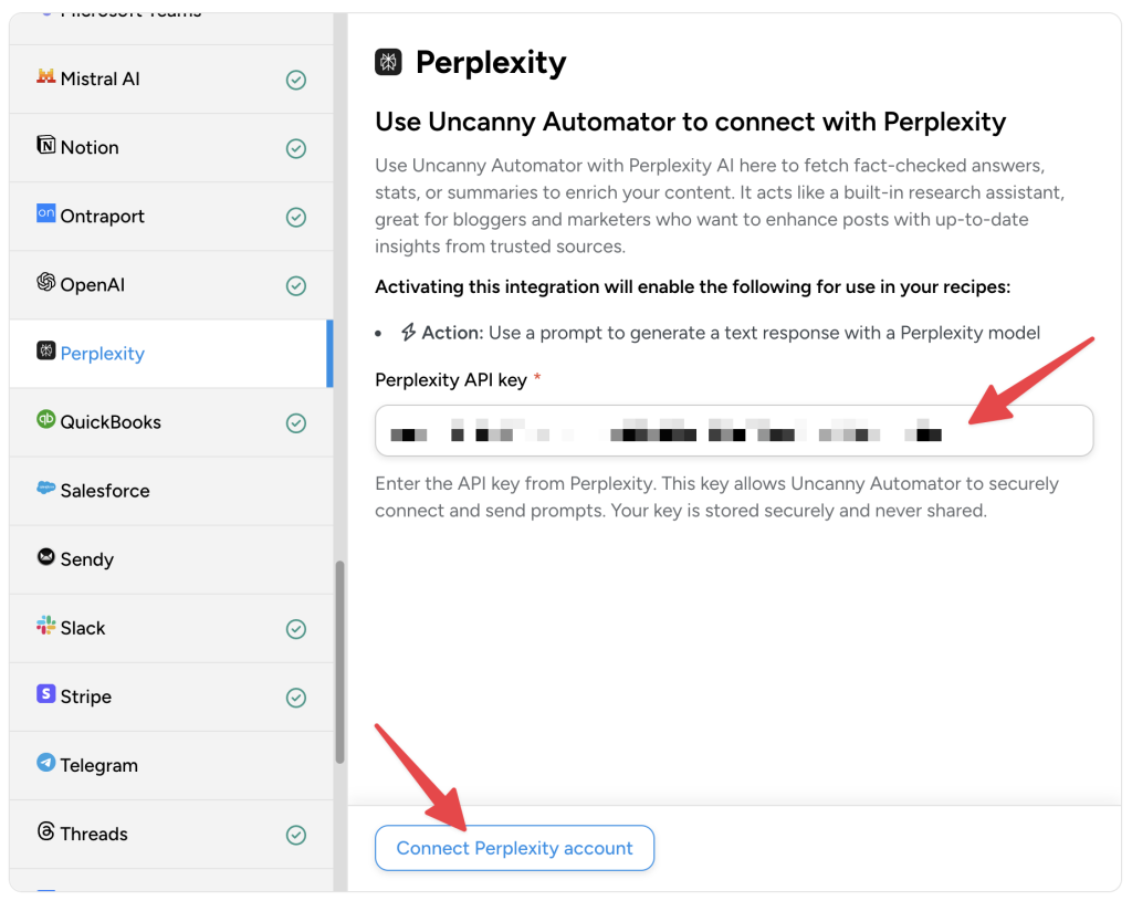 automator-app-integrations-connect-perplexity-account The Uncanny Automator app integration interface where users can enable AI integration with Perplexity by entering their Perplexity API key.
