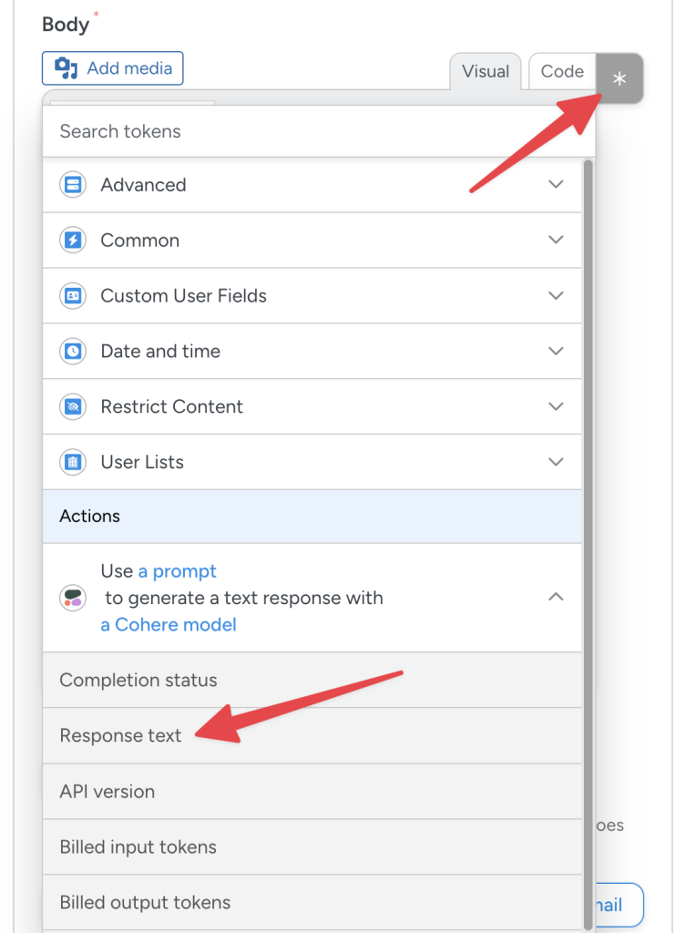 Uncanny Automator action token selector for Cohere with red arrows pointing to an asterisk and the “Response” token.