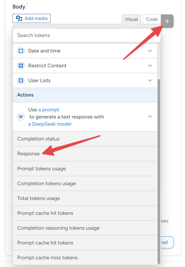 automator-deepseek-action-tokens Uncanny Automator token selector dropdown list with a red arrow pointing to an asterisk and another red arrow pointing to the “Response” token.