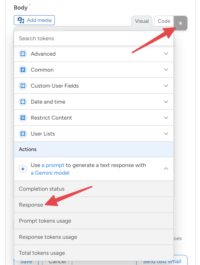 Uncanny Automator token selector with a red arrow pointing to an asterisk and another red arrow pointing to the “Response” token.