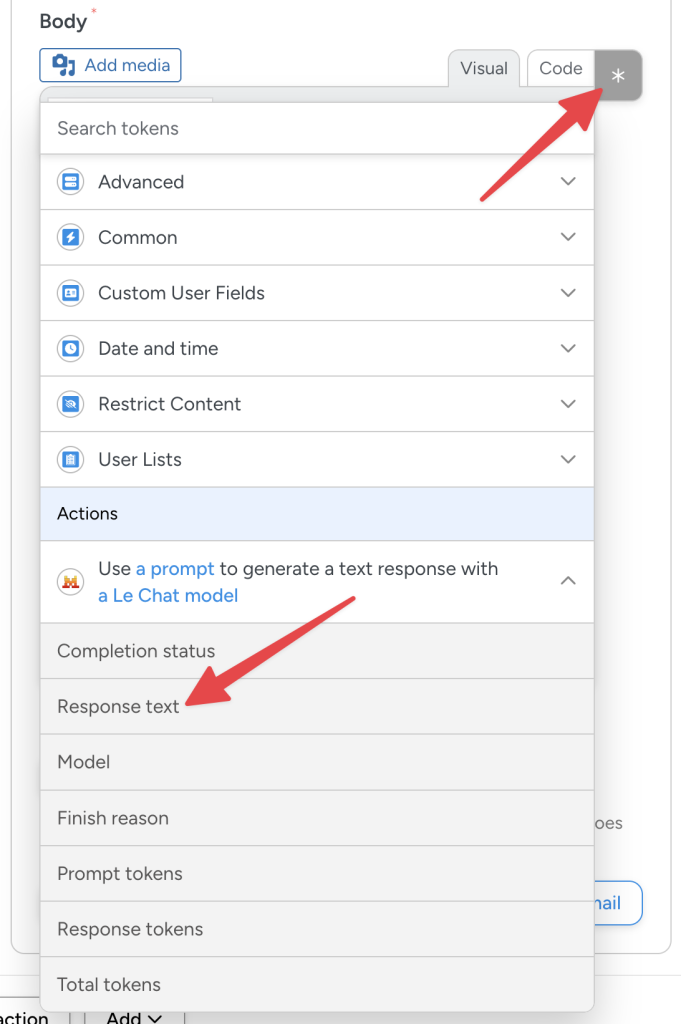Uncanny Automator token selector with a red arrow pointing to an asterisk and another red arrow pointing to the “Response” token.