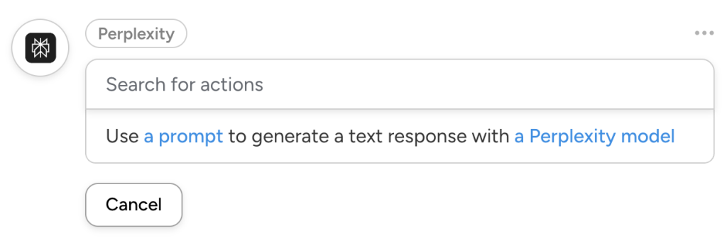 automator-perplexity-action-generate-text-with-perplexity-model Uncanny Automator action dropdown list for Perplexity WordPress integration, showing the action “Use a prompt to generate a text response with a Perplexity model”.
