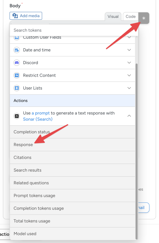 automator-perplexity-action-response-token Automator token selector for Perplexity WordPress integration, with red arrows pointing to an asterisk and the “Response” token.