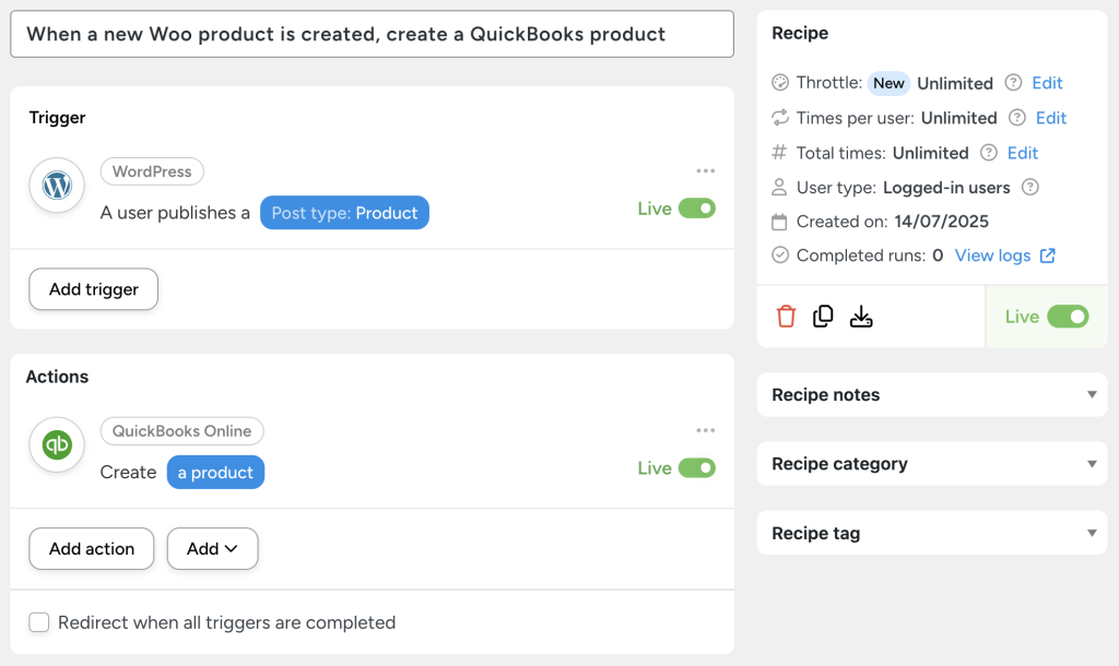 Automator recipe with the trigger “A user publishes a product” and the QuickBooks action “Create a product”, automating product synchronization between WordPress and QuickBooks.