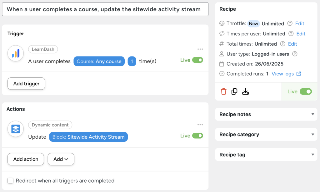 automator-recipe-update-sitewide-activity-stream-with-dynamic-content Automator recipe to update a global dynamic content block in WordPress when a user completes a LearnDash course.