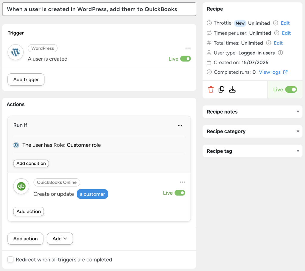 Uncanny Automator recipe showing a workflow that adds new WordPress users to QuickBooks if they have the “Customer” role in WordPress.