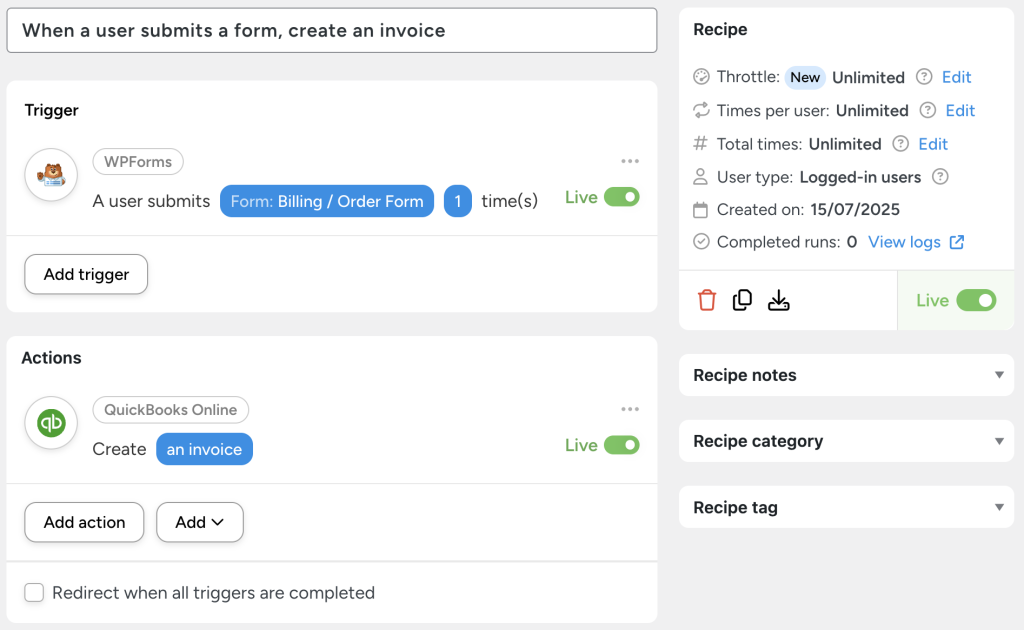 Automator recipe setup showing WPForms trigger and QuickBooks Online action to create an invoice, demonstrating how the QuickBooks plugin for WordPress automates form-based invoicing.