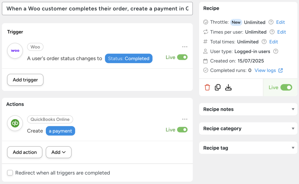 Uncanny Automator recipe showing how to automatically create a payment in QuickBooks Online when a WooCommerce order status changes to “Completed”.