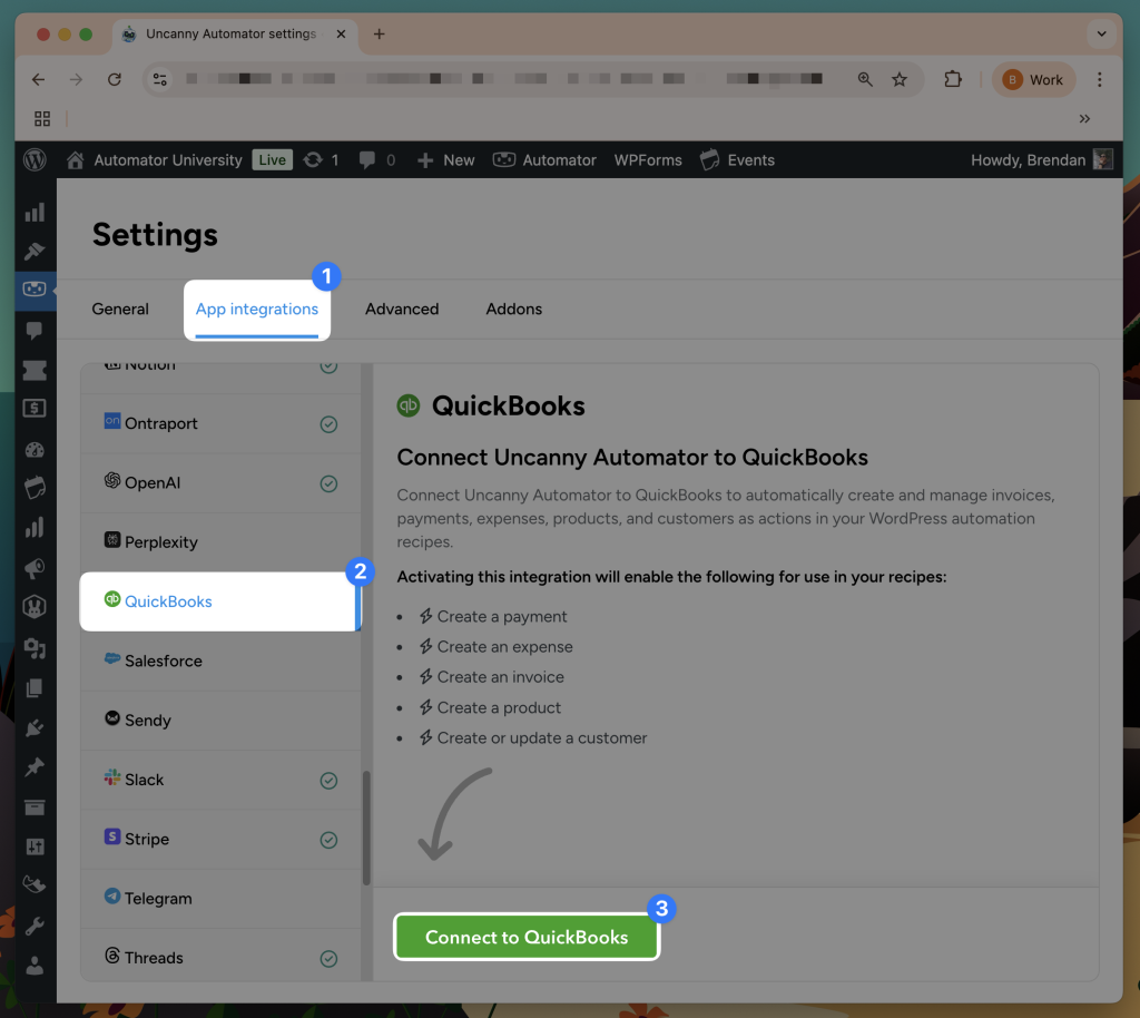 Uncanny Automator settings page displaying the QuickBooks plugin for WordPress integration interface. The screen is in the "App integrations" tab (marked with "1"), with QuickBooks selected from the left sidebar (marked with "2"). The main panel shows "Connect Uncanny Automator to QuickBooks". At the bottom is a prominent green "Connect to QuickBooks" button (marked with "3").