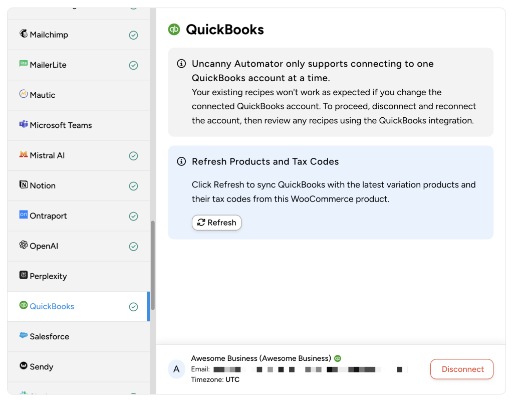 Uncanny Automator QuickBooks plugin for WordPress settings page showing a successful account connection with a disconnect option and refresh button for syncing products and tax codes.