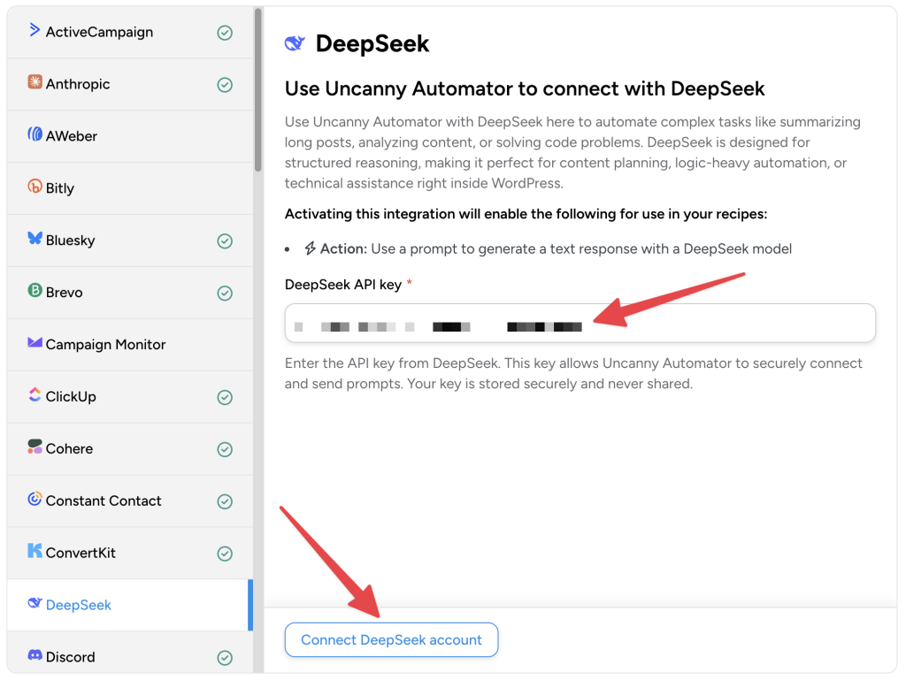 Uncanny Automator app integration screen for DeepSeek, with a red arrow pointing to the “DeepSeek API key” field for users to connect their DeepSeek account.