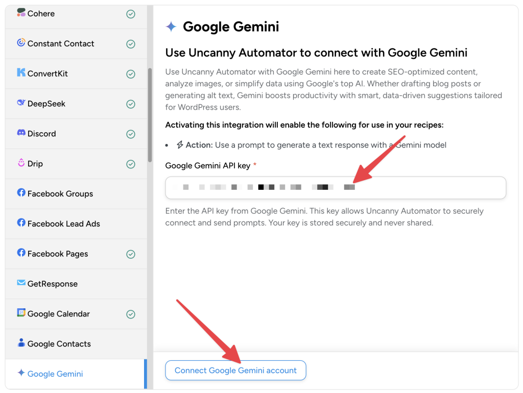 Uncanny Automator app integration screen for Google Gemini, with a red arrow pointing to the “Google Gemini API key” field for users to connect their Google Gemini account.