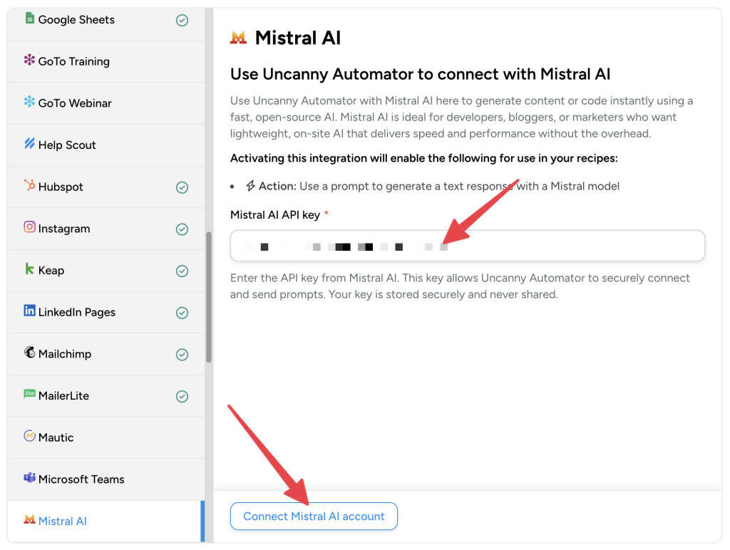 Uncanny Automator app integration screen for Mistral AI, with a red arrow pointing to the “Mistral AI API key” field for users to connect their Mistral AI account.