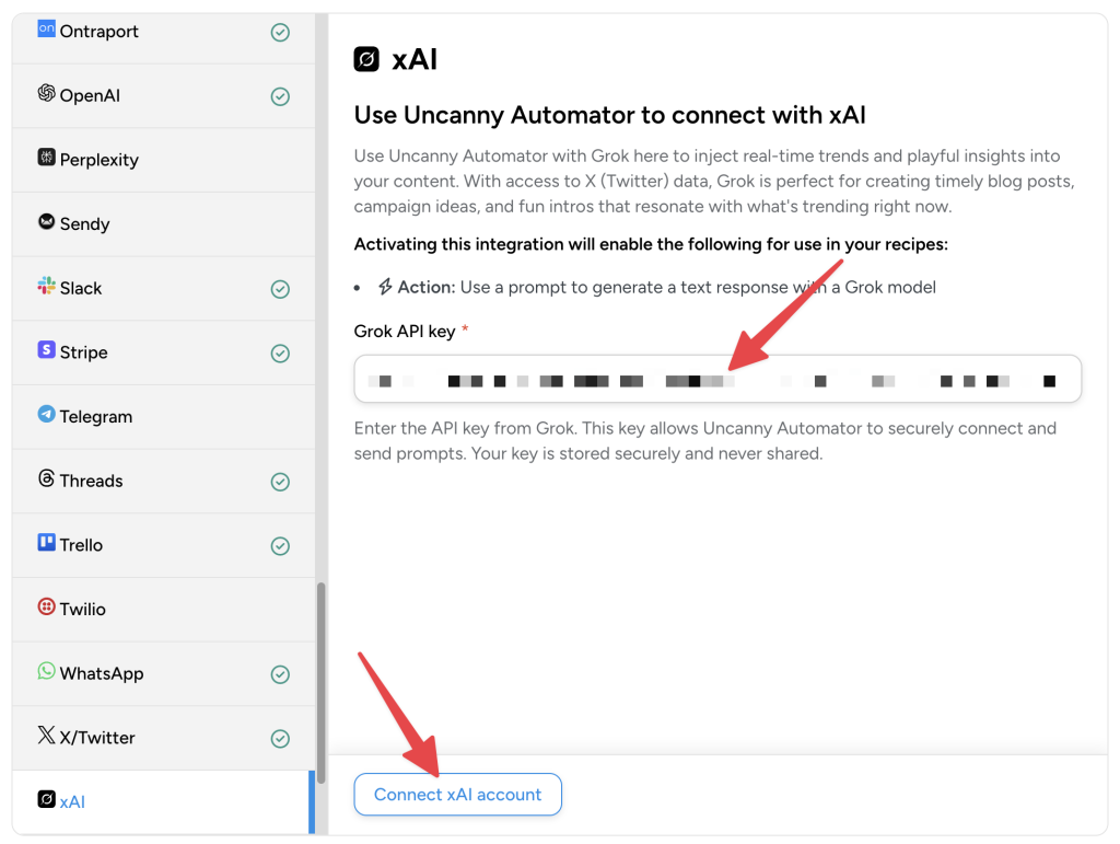 Uncanny Automator app integration screen for xAPI, with a red arrow pointing to the “Grok API key” field for users to connect their xAI account.