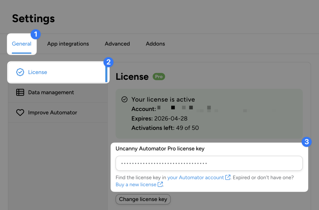 Uncanny Automator settings screen showing the active Pro license status, with navigation steps highlighted for accessing the license key under the General > License tab.