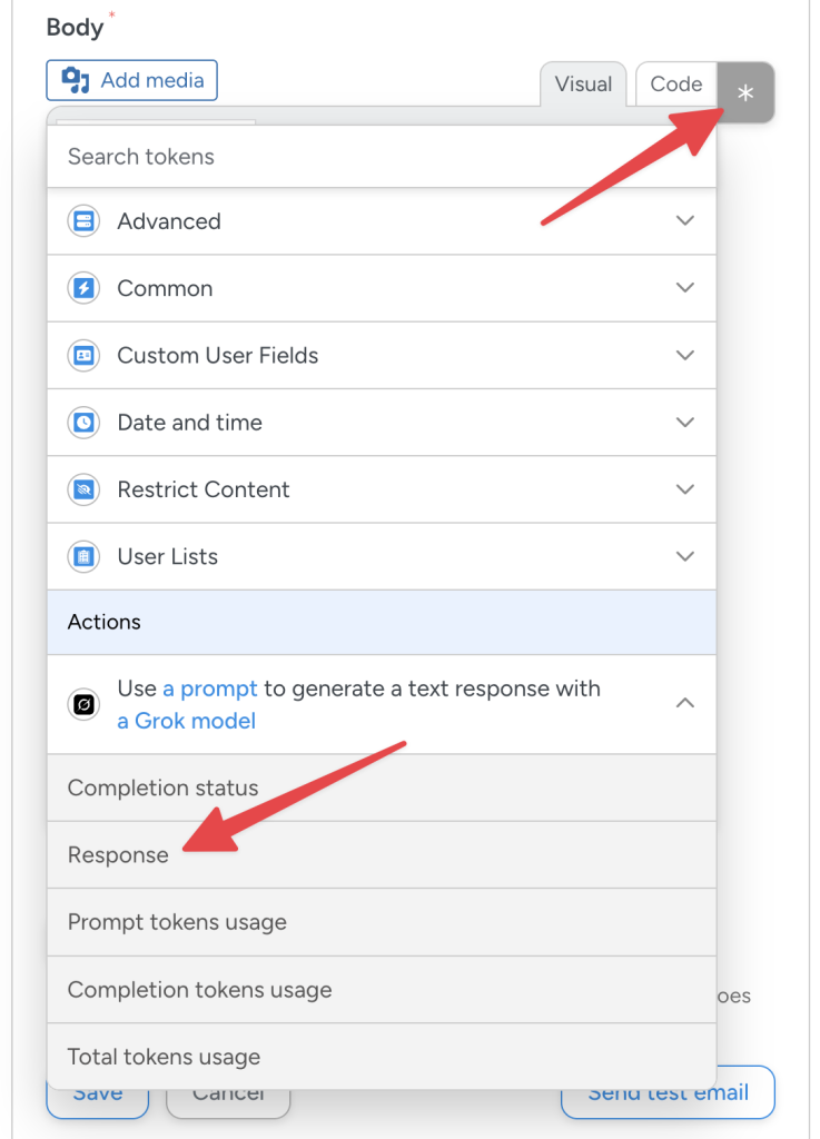 Uncanny Automator token selector with a red arrow pointing to an asterisk and another red arrow pointing to the “Response” token.