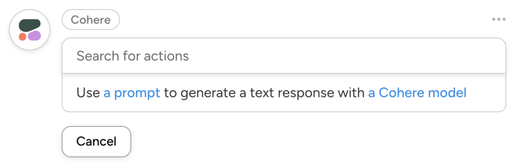 Uncanny Automator action dropdown list for Cohere, showing the action “Use a prompt to generate a text response with a Cohere model”.