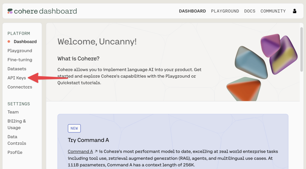 cohere-api-keys Cohere dashboard interface showing a welcome message and navigation menu. A red arrow points to the “API Keys” option in the left-hand sidebar.