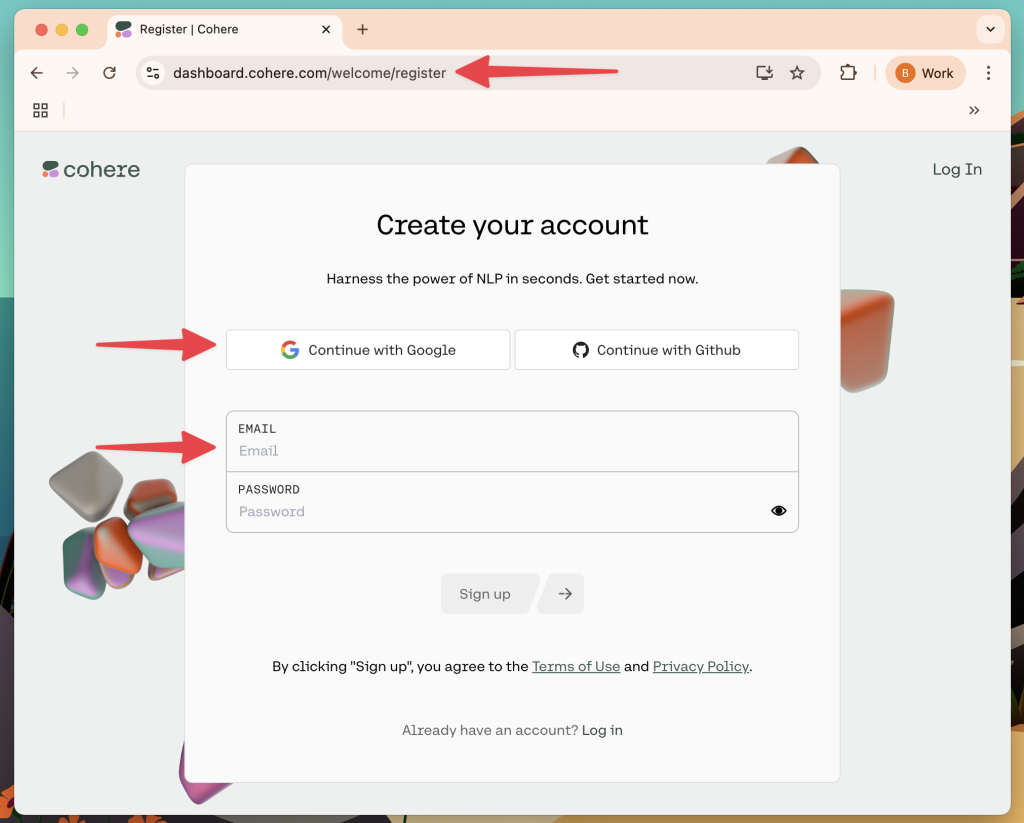 cohere-login Cohere registration page with red arrows pointing to the different options for signing-in or registering.