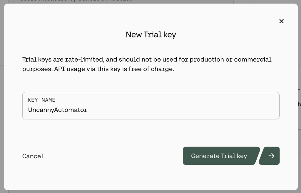 cohere-new-trial-key Cohere modal titled “New Trial key” for naming new API keys.