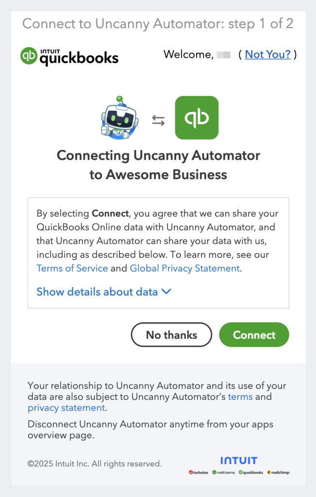 QuickBooks plugin for WordPress connection modal showing step 1 of 2 to connect Uncanny Automator, with “Connect” and “No thanks” buttons.