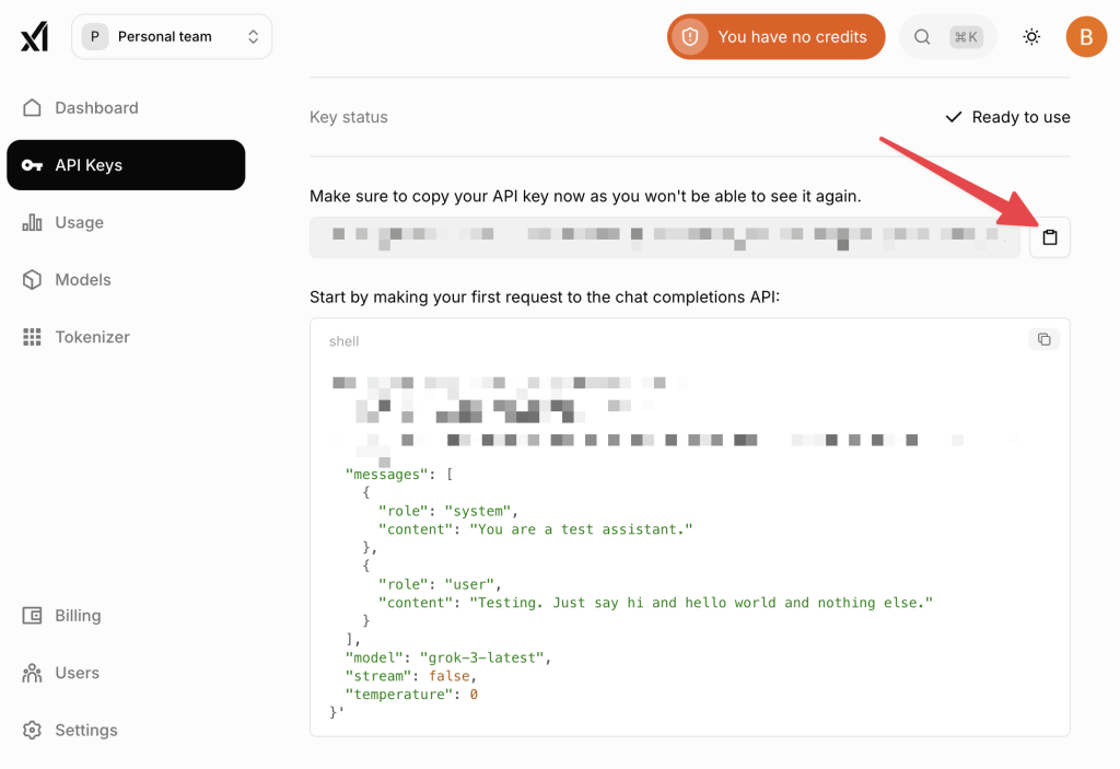 xAPI dashboard displaying a new API key with a red arrow pointing to the “copy” icon.