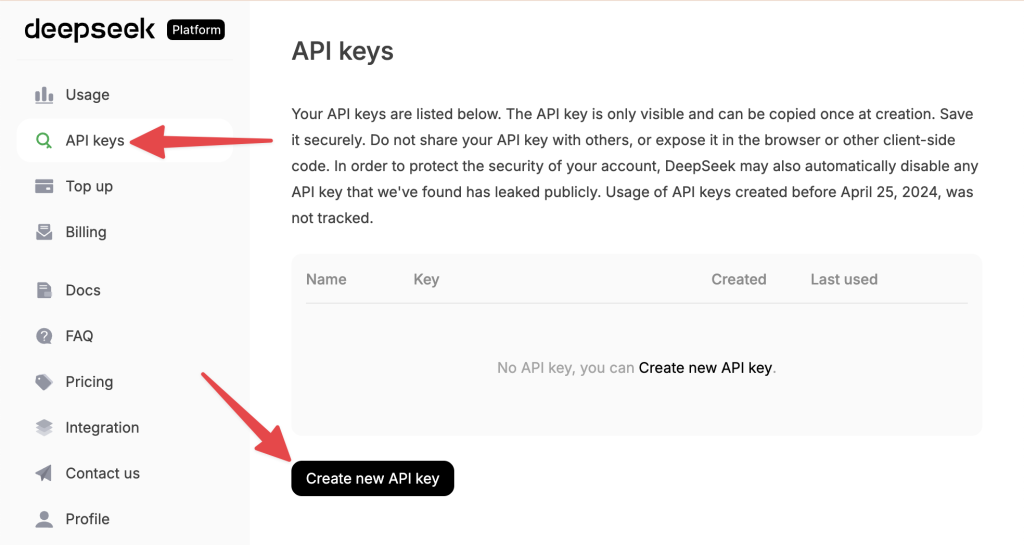 DeepSeek dashboard with red arrows pointing to “API keys” in the left menu bar and “Create new API key” in the API keys screen.