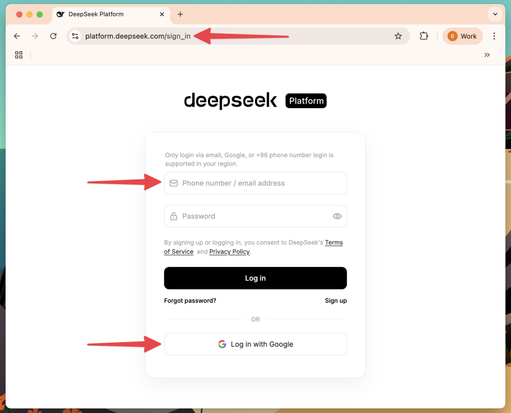 DeepSeek registration page with red arrows pointing to the different options for signing-in or registering.