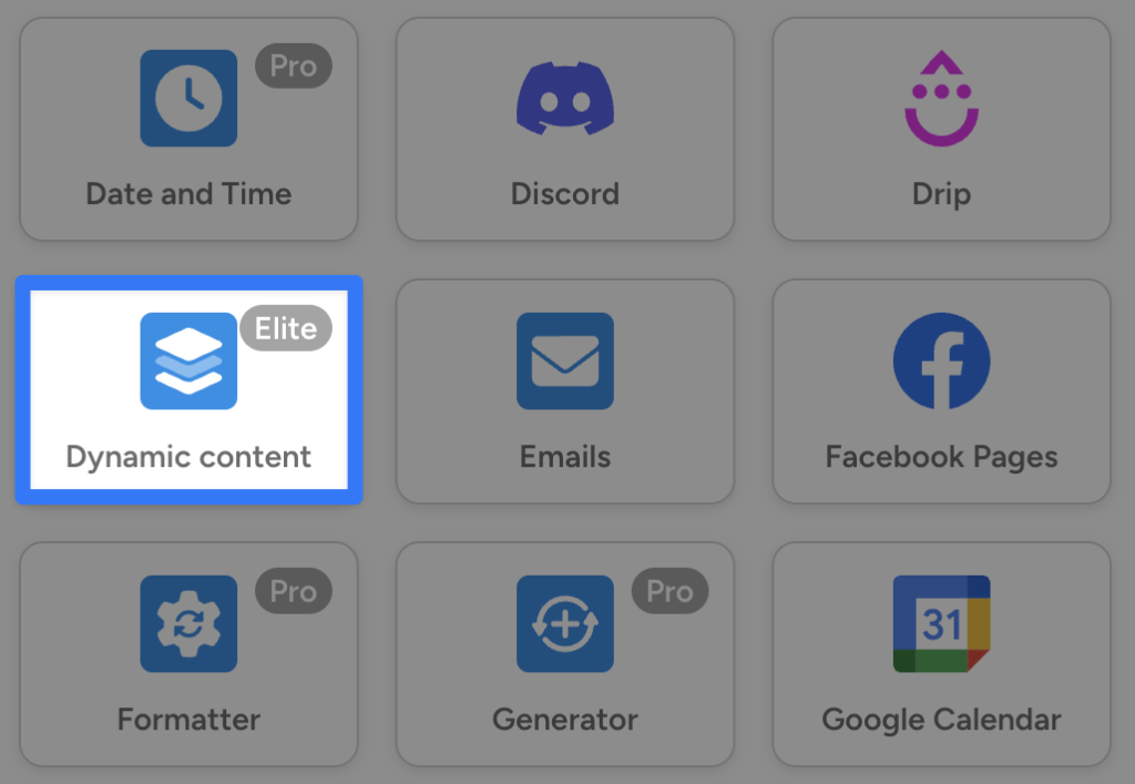 dynamic-content-addon-integration Uncanny Automator integration selection grid, highlighting the Dynamic content for WordPress integration.