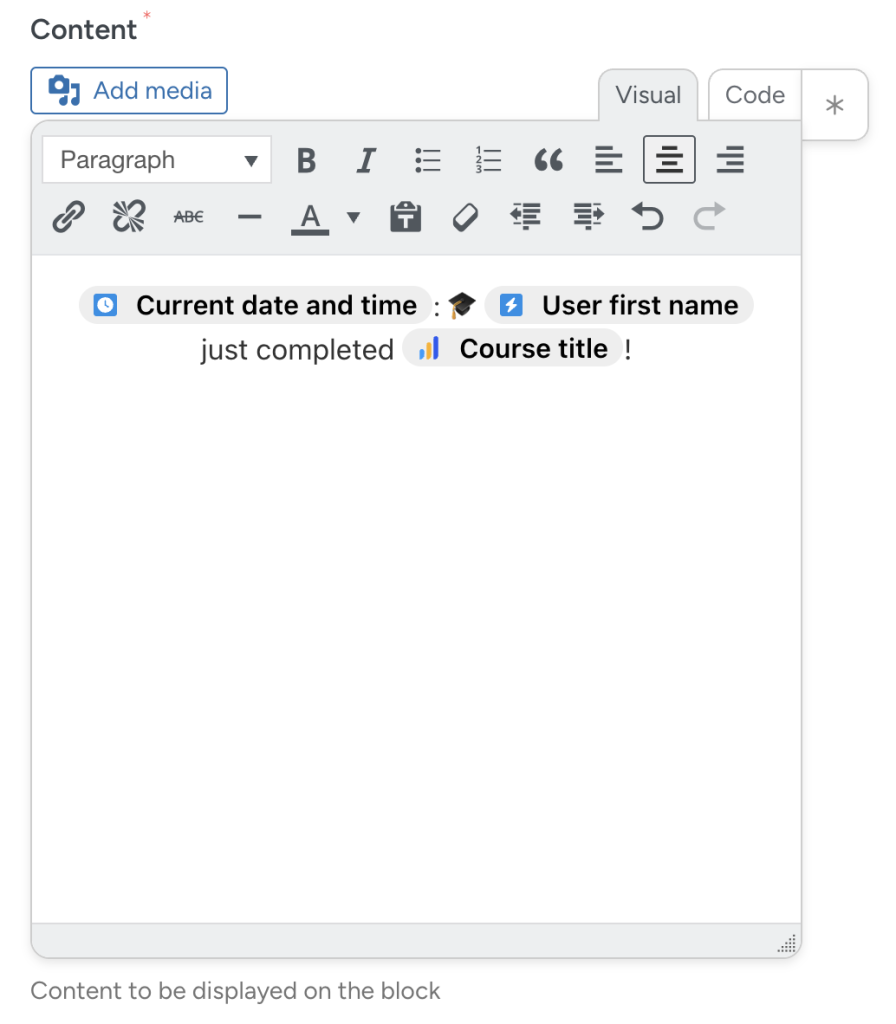 dynamic-content-block-content Automator “Content” editor for a dynamic content block, showing a draft message using tokens to customize the content.