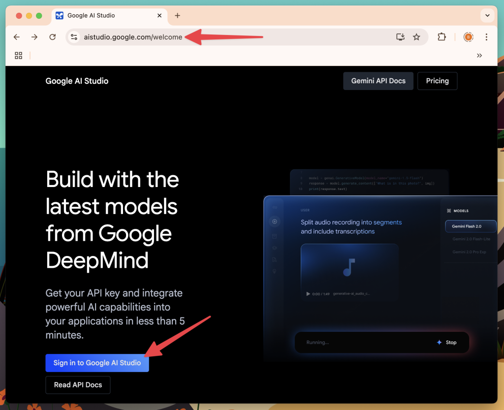 Google AI studio registration page with red arrows pointing to the URL and the sign-in or registration option.